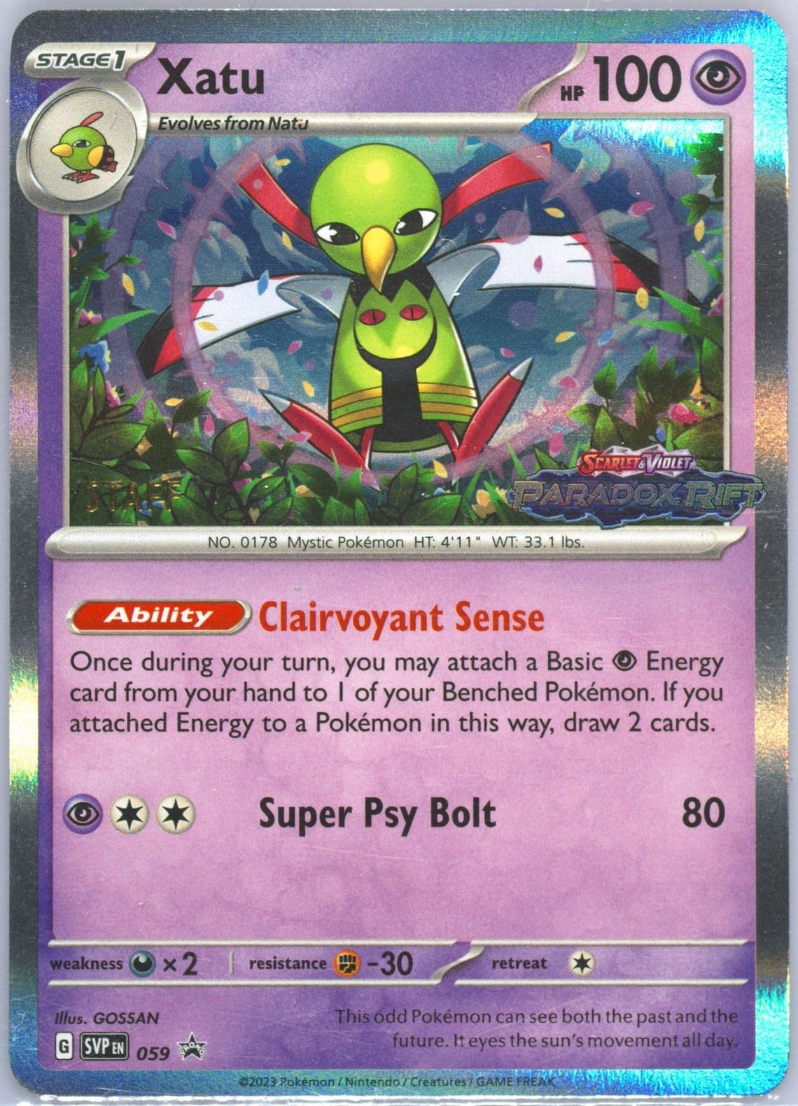 Xatu Paradox Rift Prerelease-Staff (059) 2023 Pokemon Svp EN-SV Black Star Promo