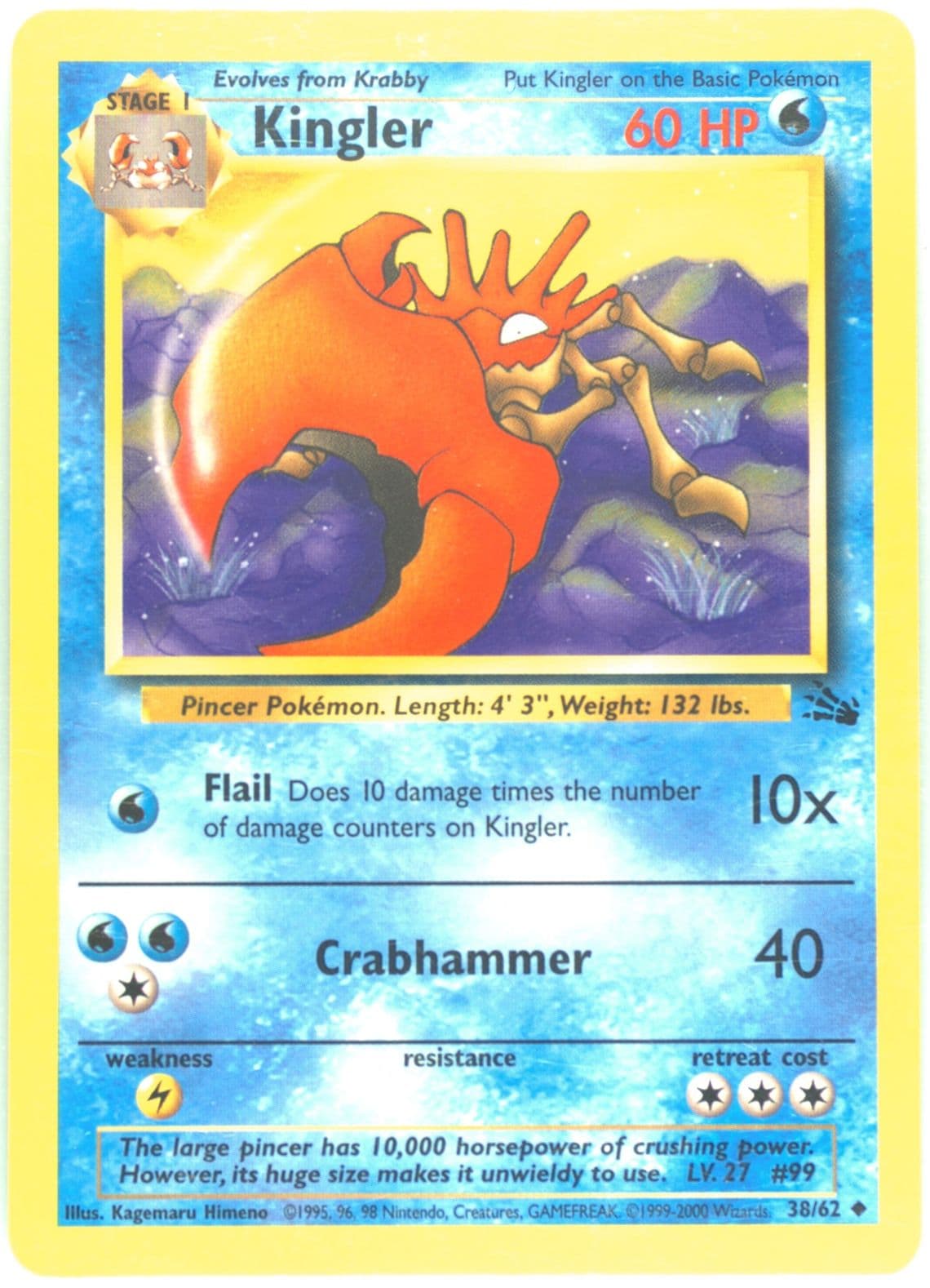 Kingler 1999-2000 Copyright (38) 1999 Pokemon Fossil