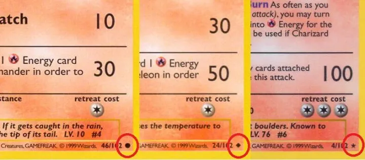 Pokemon card rarity symbols showing circle, diamond, and star