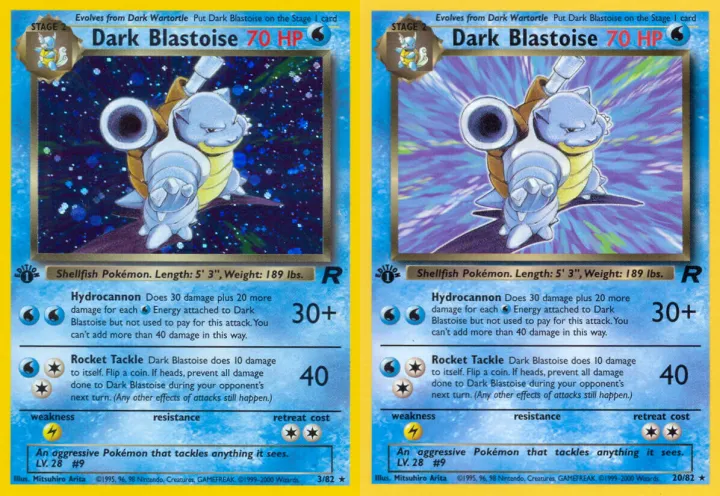 Holographic vs non-holographic Dark Blastoise cards side by side